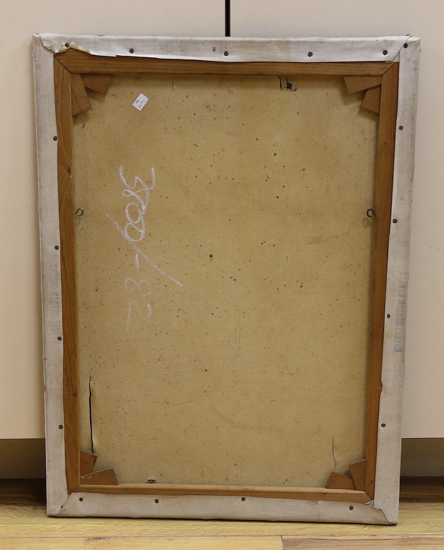 Modern British, oil on canvas, Stylised study of a praying figure, initialled RSM, 60 x 46cm, unframed